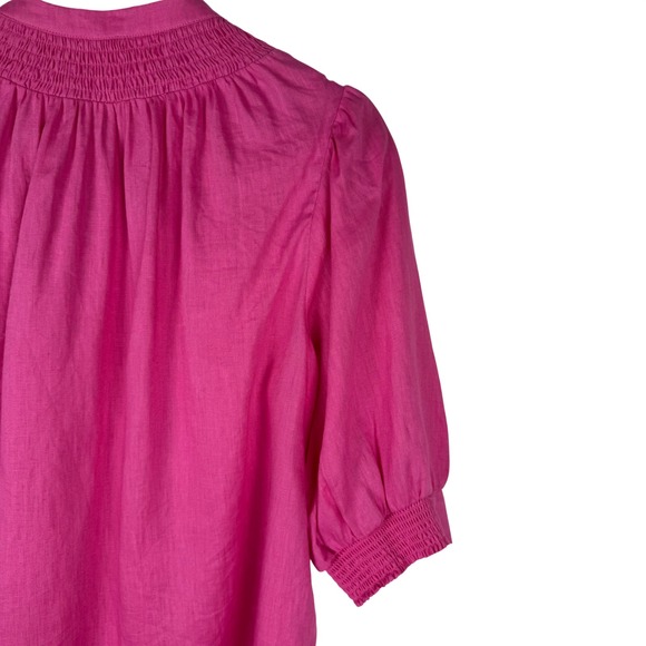 Boden 100% Linen Smocked Button Up Blouse Womens 10 Pink Puff Sleeves - Picture 10 of 10
